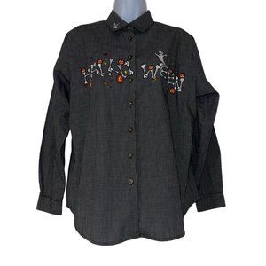 Vintage Karen Scott Halloween Bones Shirt Womens M Gothic Bones Ghost Check